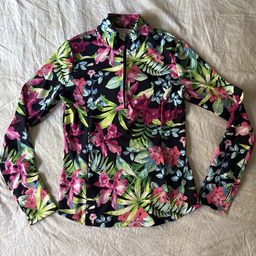 Tommy Bahama Small Floral Racquet & Paddle 1/2 Zip Performance Athletic Shirt